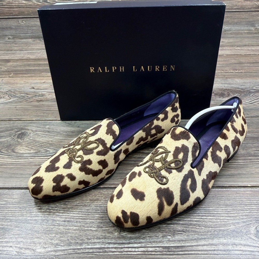 Ralph Lauren Women EU 38 Alonzo Loafers Leopard Calf Hair RL Embroidered Flat